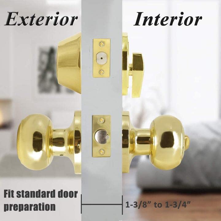 Probrico Polished Brass Entry Door Knob Lock Set and Single Cylinder Deadbolt Combination Set, Keyed Alike, 3 Pack - Image 5